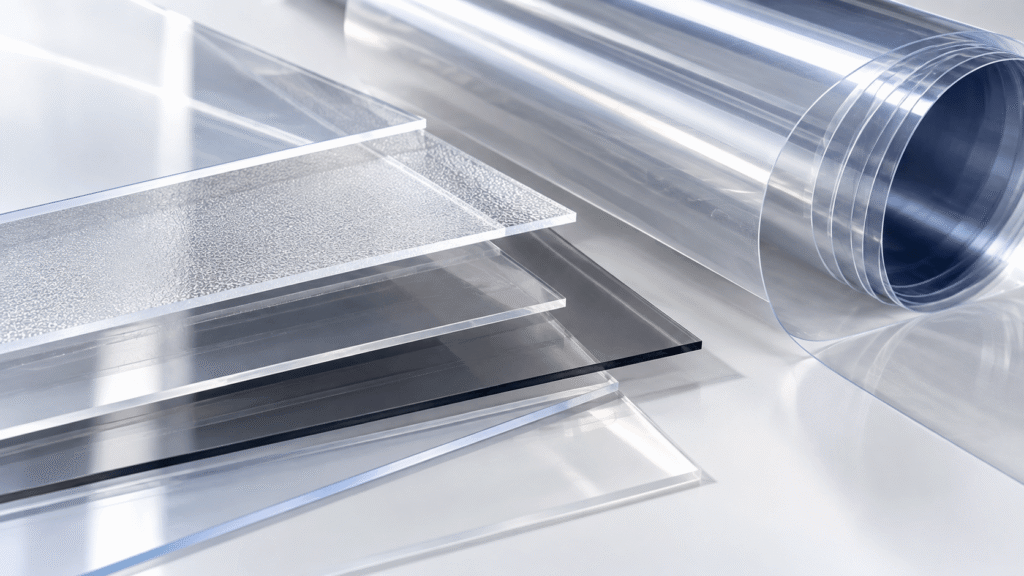 A close-up of thin, transparent polycarbonate sheets arranged in overlapping layers
