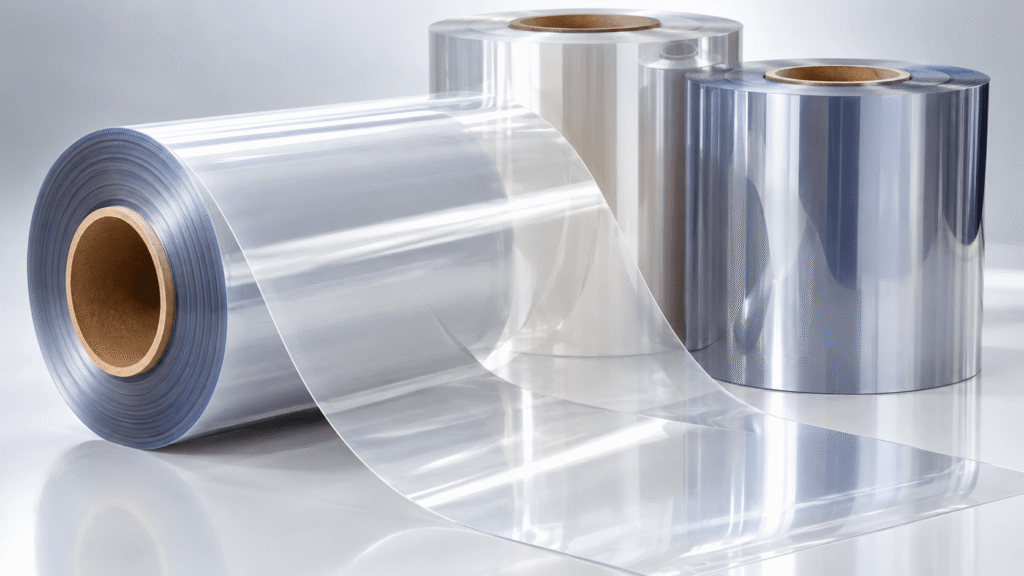 Clear polycarbonate film rolls showcasing the versatile thermoplastic material used in industrial applications.